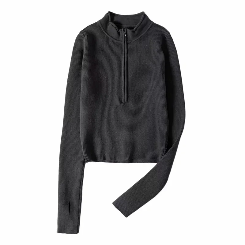 Women Elegant High Neck Solid Basic Cropped Pullover All-Match Winter Spring Fashion Y2k Zipper Front Knitted Clothing Top 2023