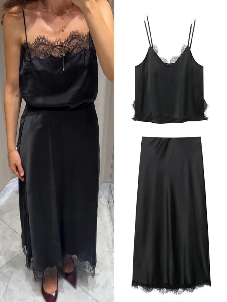 

HH Women New Elegant Satin Texture Black Suit Lace Decoration Sleeveless V-Neck Backless Short Sling Top+Summer Midi Skirt