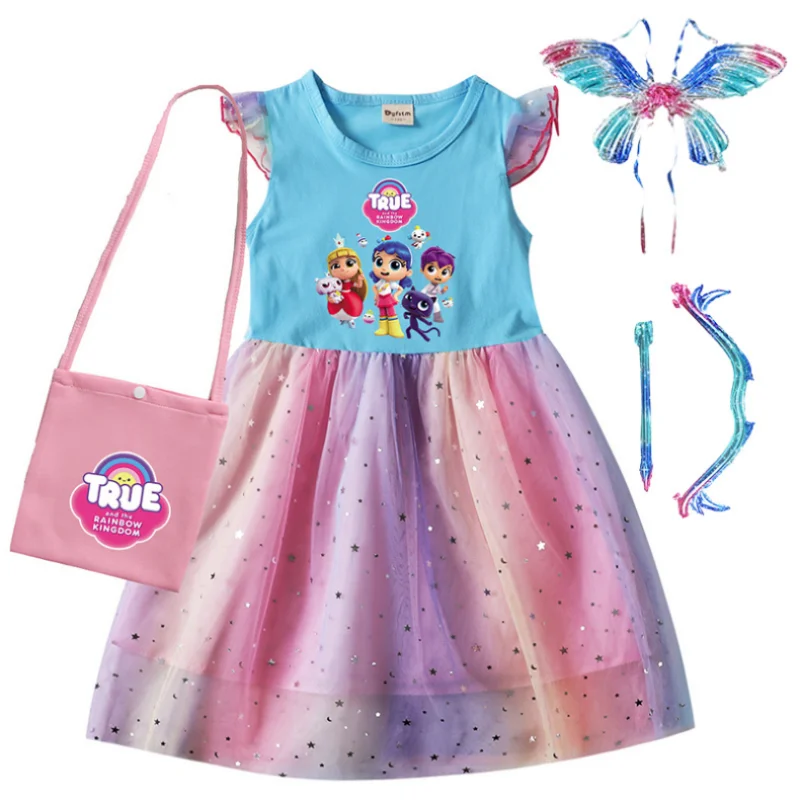 True Rainbow Kingdom Princess Girls Dresses Cosplay Cute T Shirt Gauze Mesh Dress+bag with Wing Kids Casual Clothes Kids Costume