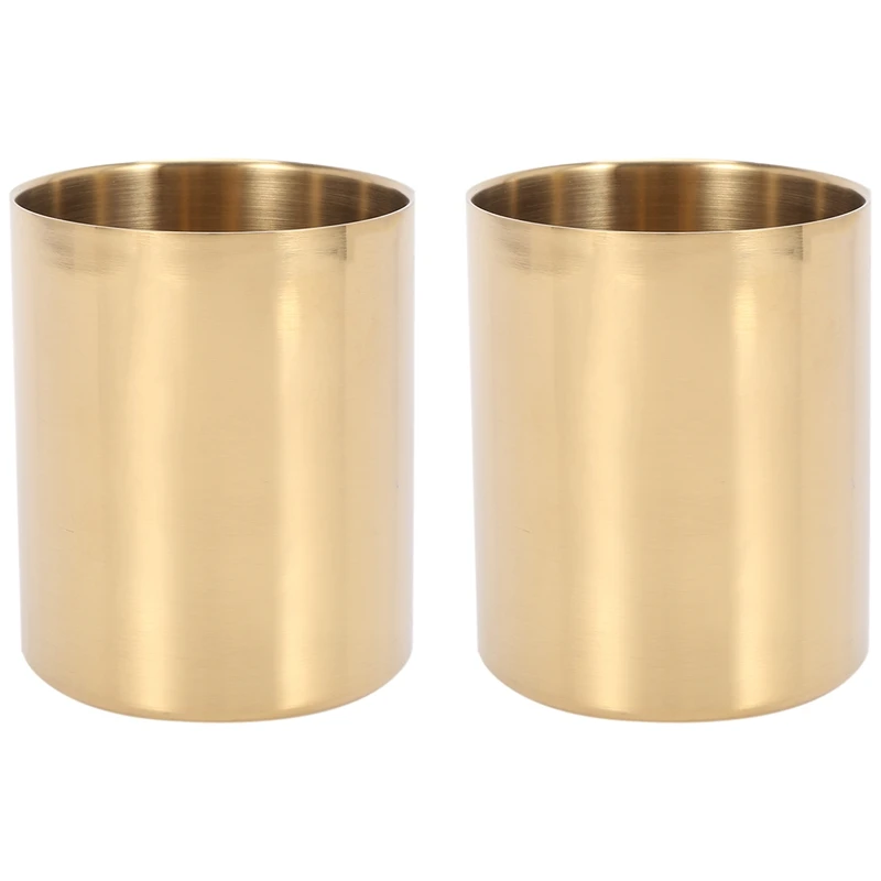 A16R-2-Piece Pencil Cup Holder Pen Pot Makeup Brushes Holder Desk Stationery Organizer Stainless Steel (Gold)