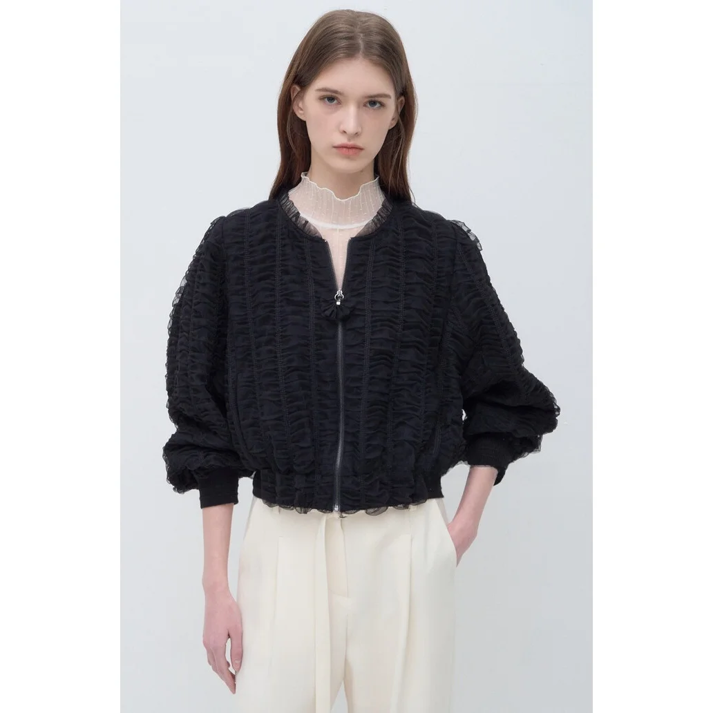 Sweet Atmosphere Thin Folded Splice Commute Versatile Slimming Jacket Short Outerwear Zipper Stand Collar Women's Fashion