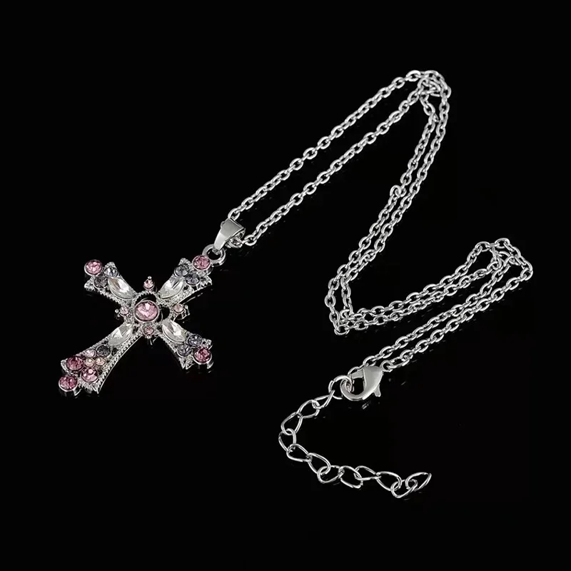 Y2K Fashion Heart Cross Pendant Necklace Pink Crystal Egirl Sweet Cool Clavicle Chain Necklaces Aesthetic Party Jewelry Gifts