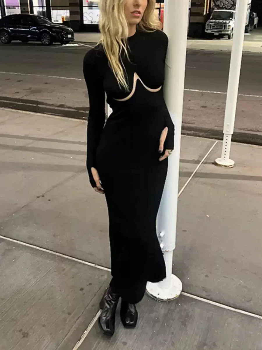 TWOTWINSTYLE New Solid Cut Out Knitting Elegant Dresses For Women O Neck Long Sleeve Pullover Slimming Midi Dress Female Fashion