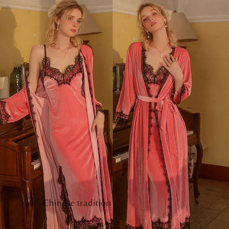 Ensemble de vêtements de détente en velours pour femmes, robe de peignoir en dentelle, robe longue, chemise de nuit sexy, vêtements de nuit éducatifs, automne et hiver