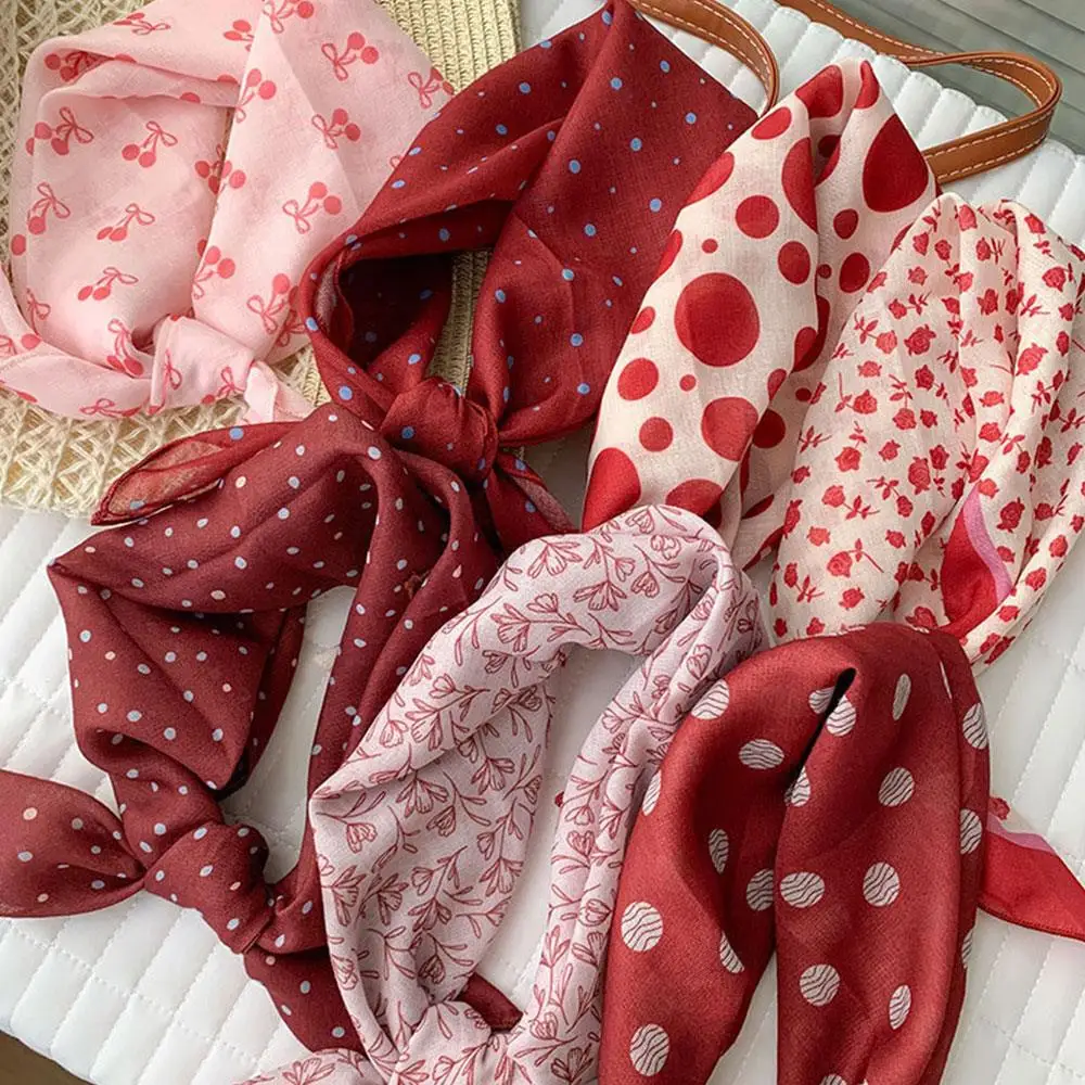 

Women Flower Small Square Scarf Retro Polka Dot Head Band Spring Summer Sweet Cute Scarf Shawl Wrap Turban Hair Accessories