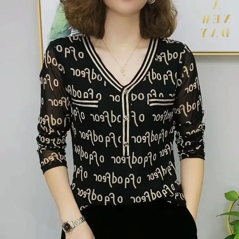 

Office Lady V-Neck Alphabetic Stylish Printed T-shirt Chic Button Gauze Spring Autumn New Women's Clothing Long Sleeve Pullovers