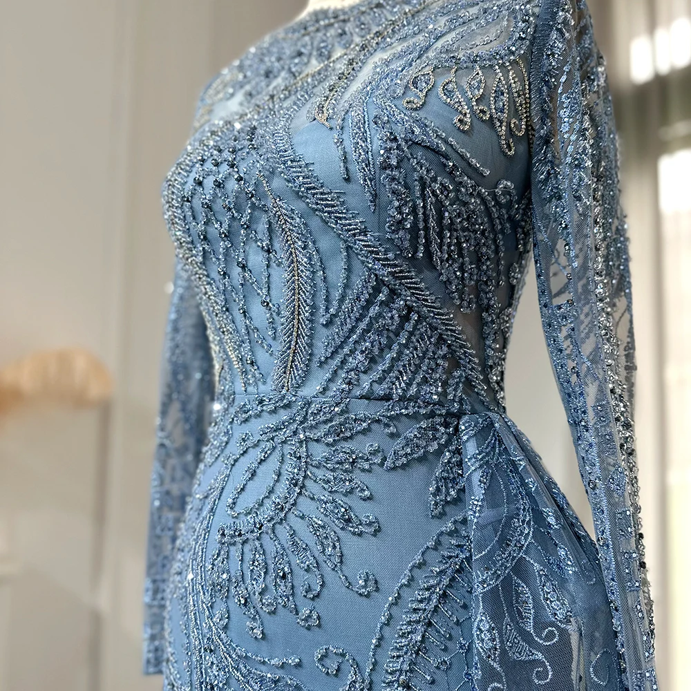 Sharon Said Luxuriöses Blaues Abendkleid mit Boot-Ausschnitt, Langen Ärmeln, Meerjungfrauen-Schnitt, Bodenlang, für Formelle Anlässe und Partys, SS141, Maßanfertigung – Detail 7