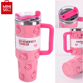 손잡이가 달린 MINISO 헬로 키티 스테인레스 스틸 단열 컵, 카와이 빨대, 대용량 보온병 음료, 콜라 마시는 커피 머그잔