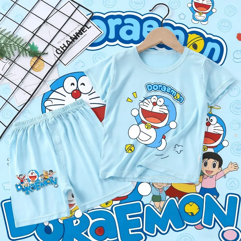 

Детская футболка и шорты Doraemon, летний комплект для девочек и мальчиков, новый, с коротким рукавом, детский костюм со средними шортами
