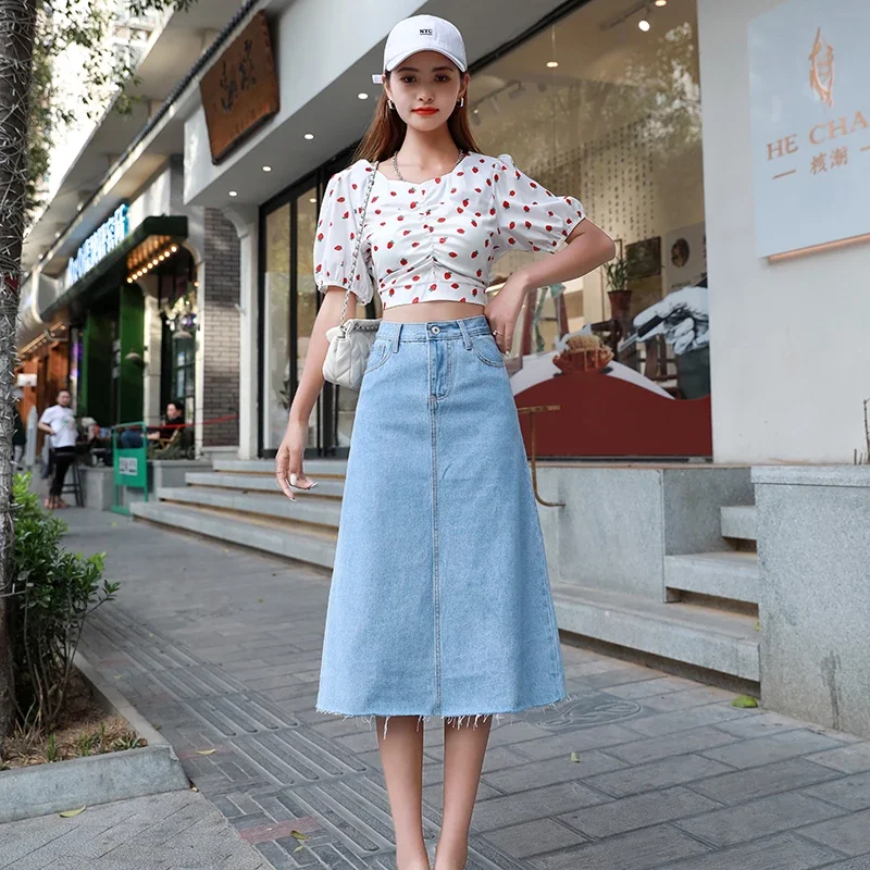 Schinteon Women Denim A-lined Skirt Jeans High Waist Casual Split Light Blue Bodycon Skirts Big Size S-9XL 2024 Summer New