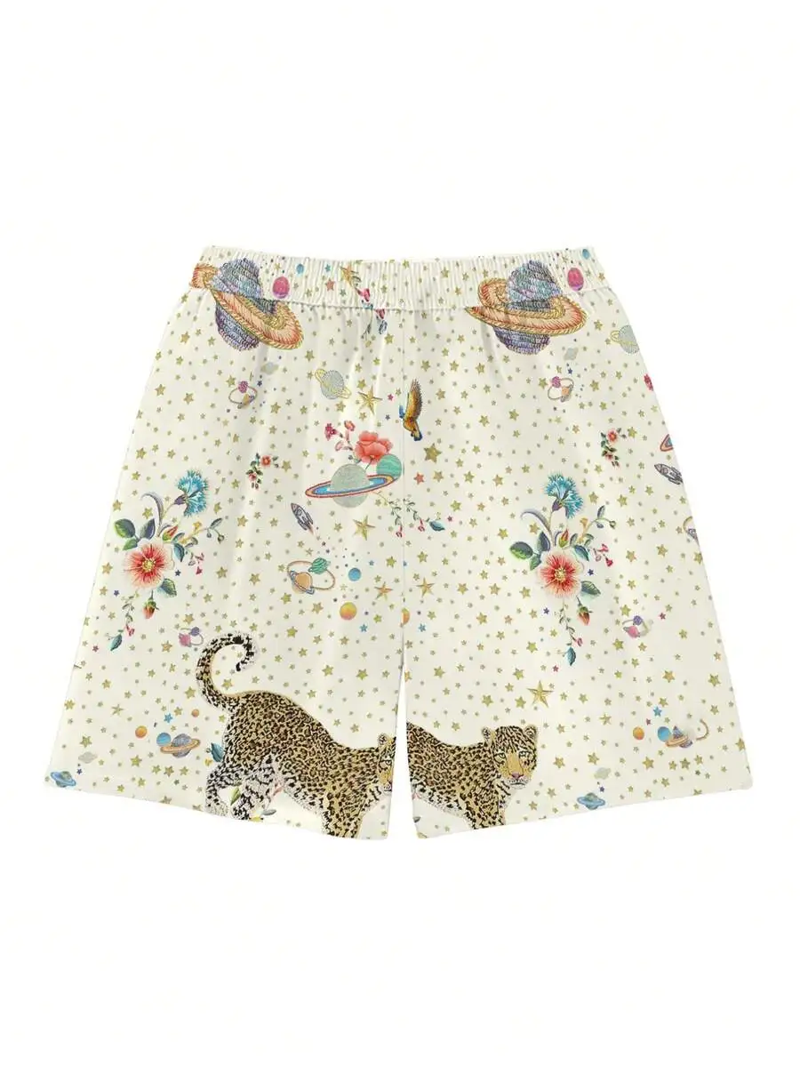 

Mens Loose Casual Shorts With Leopard, Planet, Floral And Bird Print, Breathable Lightweight Fabric