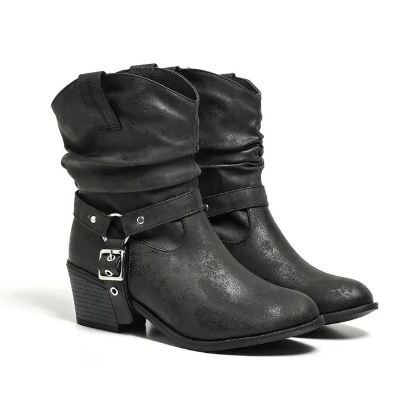 Fashion Mid Calf Boots for Women Belt Buckle Casual Booties Woman Platform 2026 Comfortable Women Shoes Heels Black Boots Ladies