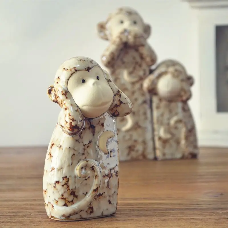 3 Pieces Monkeys Statue Ceramic Tabletop Collectibles Art Crafts Monkey Sculpture Ornament for Office Indoor Home Cabinet Decor