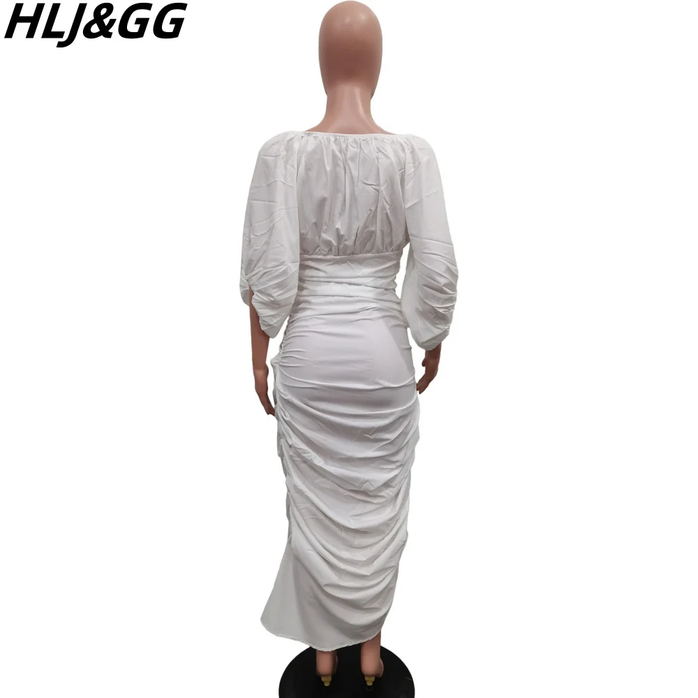 HLJ&GG Fashion Ruched Design Irregular Mid Dress Women Round Neck Lantern Sleeve Solid Color Slim Vestidos Elegant Lady Clothing