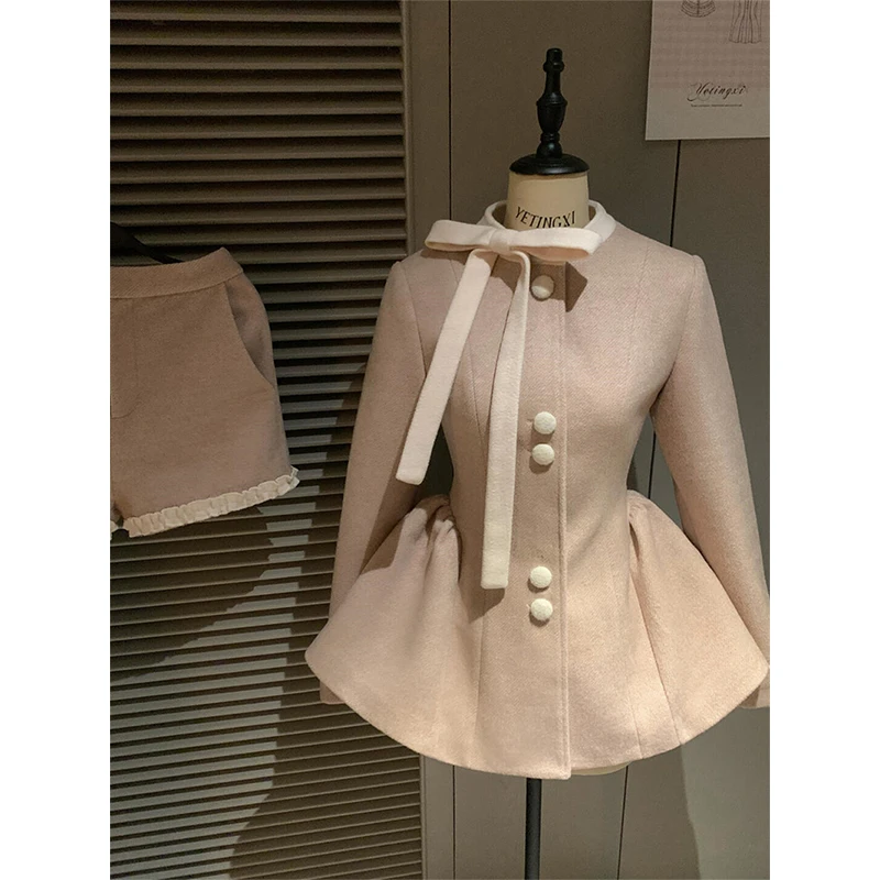 

MEXZT милый комплект из 2 предметов, женское шерстяное пальто с розовым бантом, корейские лоскутные шорты с оборками, осенне-зимняя мода, элегантные наряды