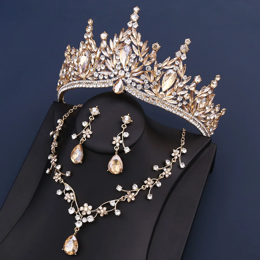 

Bridal Crown Wedding Tiara Necklace Earring Set Handmade Diamond Lady Rhinestone Quinceanera Crystal Handband Set