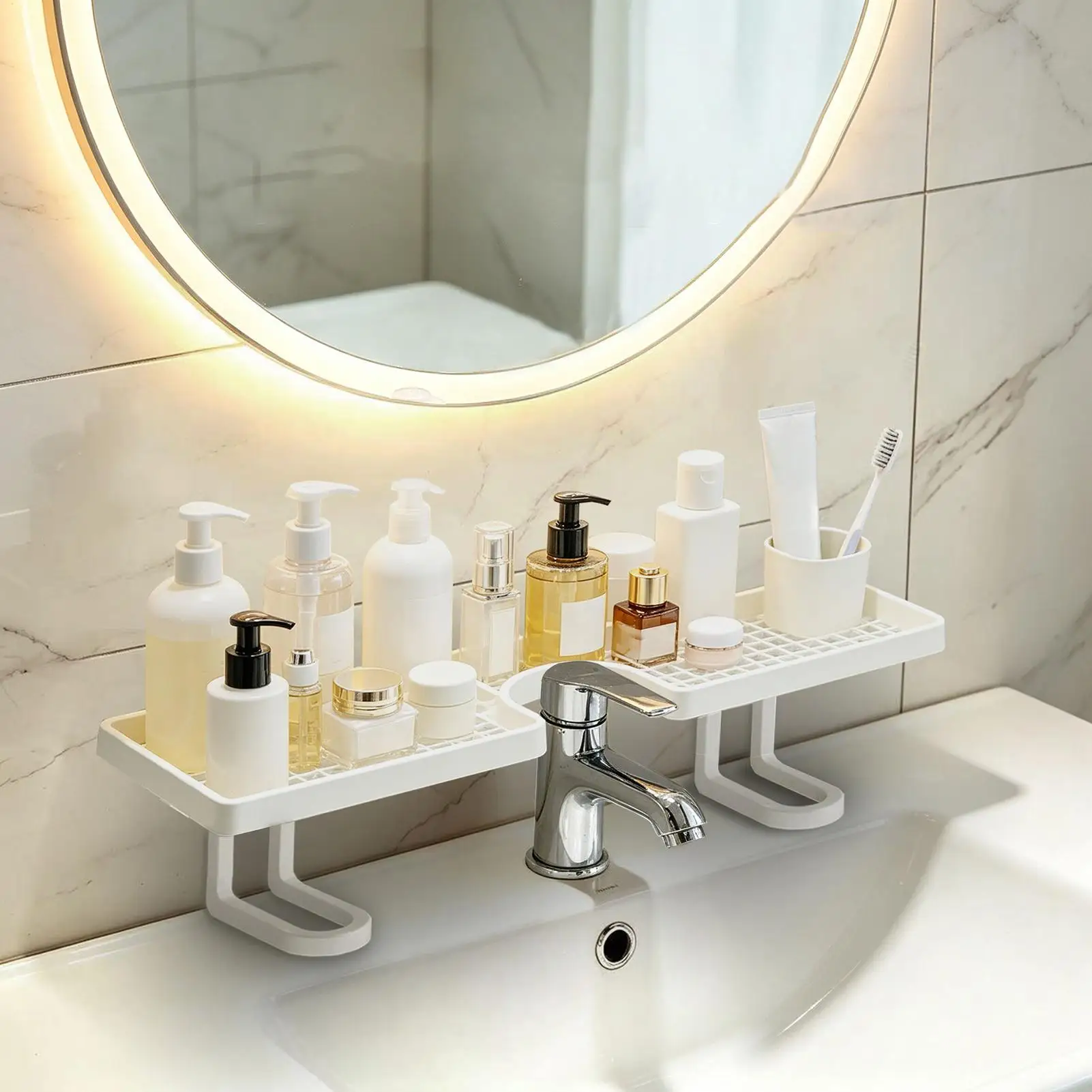 Quick Drainage Bathroom Sink Shelf Over Faucet for Toothbrushes Cups Cosmetics Shampoos Kitchen Hotel Dormitory 50cm