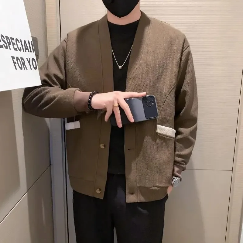 Autumn and Winter Solid Color Long-sleeved V-neck Cardigan Sweater Men's Knitted Fashion Casual Loose Jacket