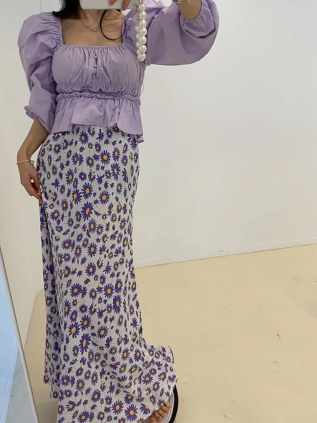 กระโปรงยาวชีฟองพิมพ์ลายดอกไม้เอวสูง ยางยืด ใส่เที่ยว ป้องกันแสงแดด รุ่น Fi Tail Dongda Gate คอลเลคชั่นฤดูร้อน 2025...