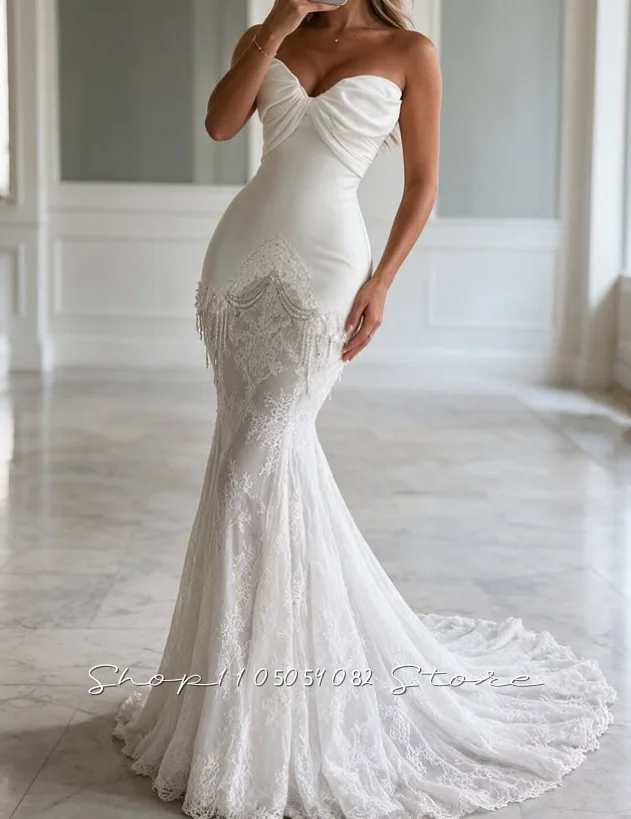 Elegent White Strapless Mermaid Wedding Dress Twist Bodice Tassel Beading Lace Bridal Gown Sweep Train Customized robe de mariée