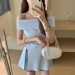 Summer off Shoulder Knitted Women's Top Sexy Backless Slim Fit Fashionable Solid Color Gentle Elegant Style Slit Design T-shirt