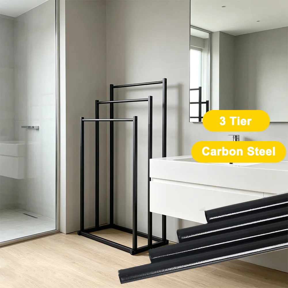 Porte-serviettes sur pied à 3 niveaux pour salle de bain, en acier au carbone, support vertical autoportant avec base élargie et stable, barre à serviettes sans perçage pour balcon, bord de piscine,