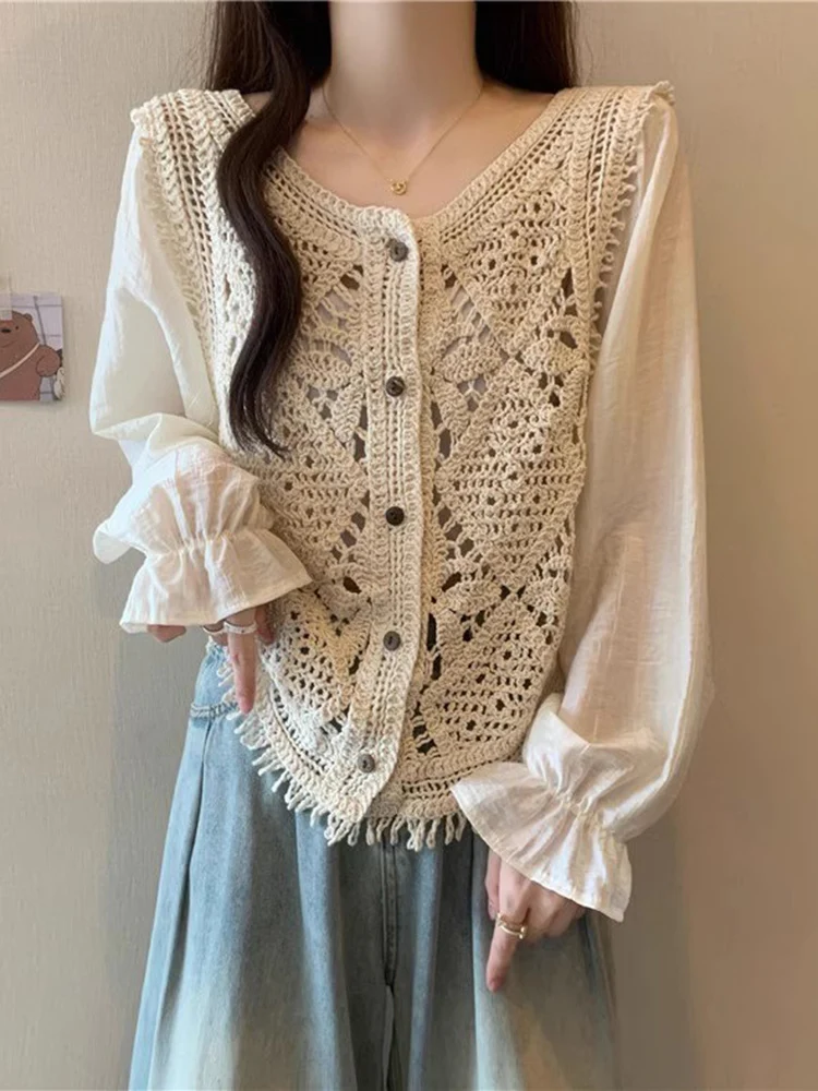 

Bohemian Lace Hollow out Knitted Chiffon Top Women's Autumn Large Size Fat MM Retro Blouse Bell Sleeve Korean Style Long Slee...