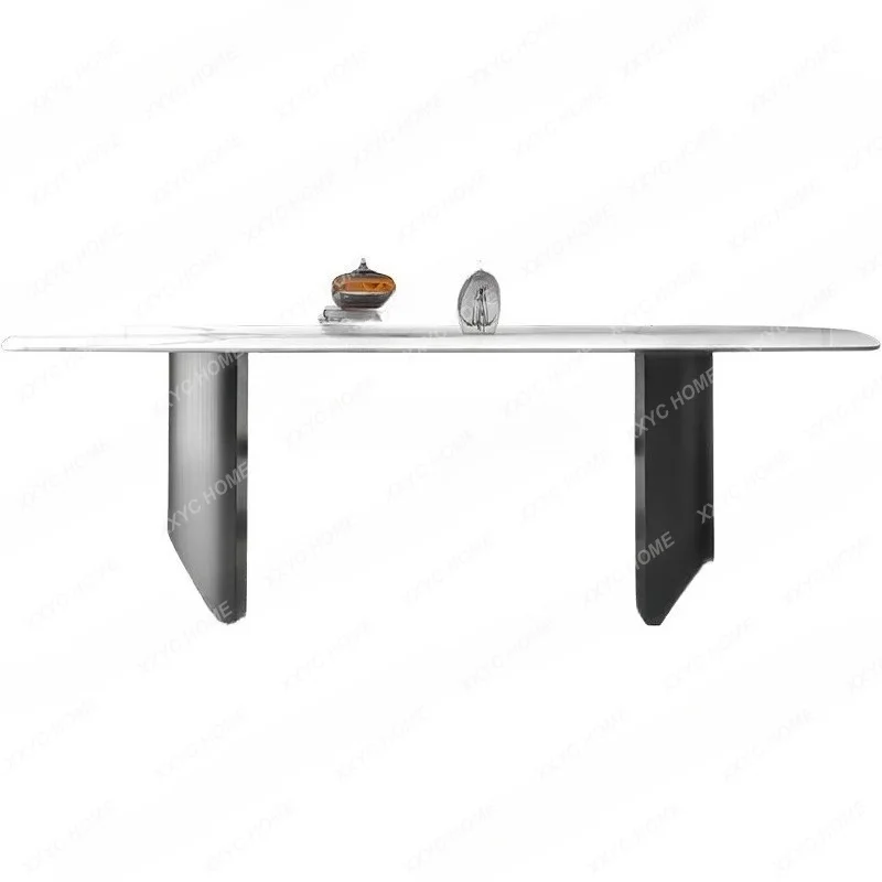 AA light luxury rock slab dining table Modern simple household stainless steel foot rectangular luxury stone dining table
