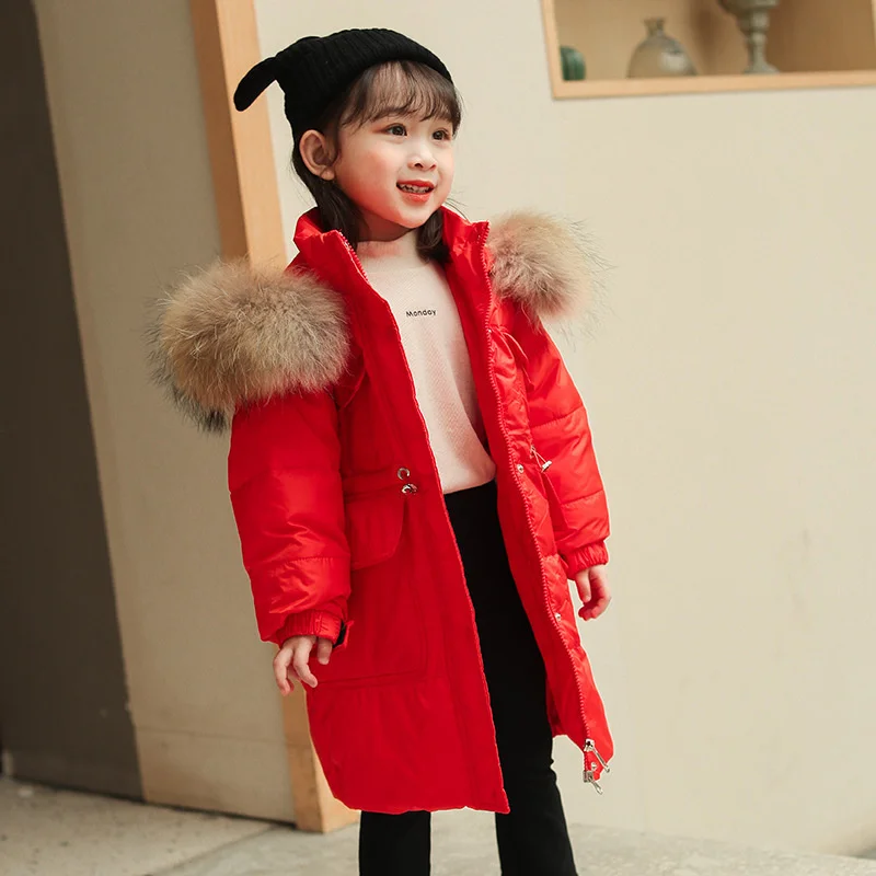 Down New Winter long thick Jacket for girl clothes Hooded parka real Fur toddler Coat Kids snowsuit Outerwear clothing overcoat