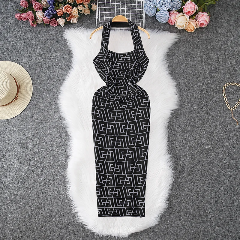 YuooMuoo kobiety ubierają marka moda geometryczne dzianiny Y2K Halter Bodycon letnia sukienka seksowna kopertowa biodra Halter Mini Party Vestidos