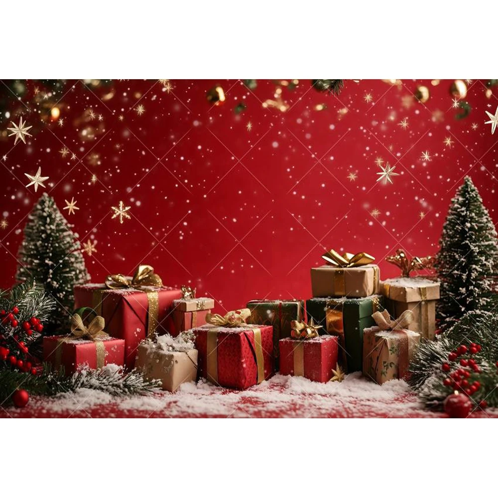 Christmas Decoration Backdrop Red Wall Xmas Tree Glitter Gold Gift Winter Snowflake Family Portrait Backgrounds For Photographs