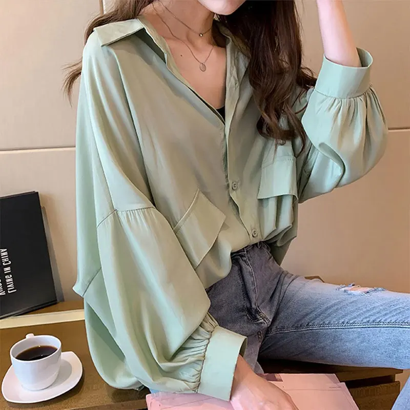 Korean Loose Solid Color Blouse Spring Autumn New Turn-down Collar Casual Single-breasted Patchwork Women\'s Commute Midi Shirt