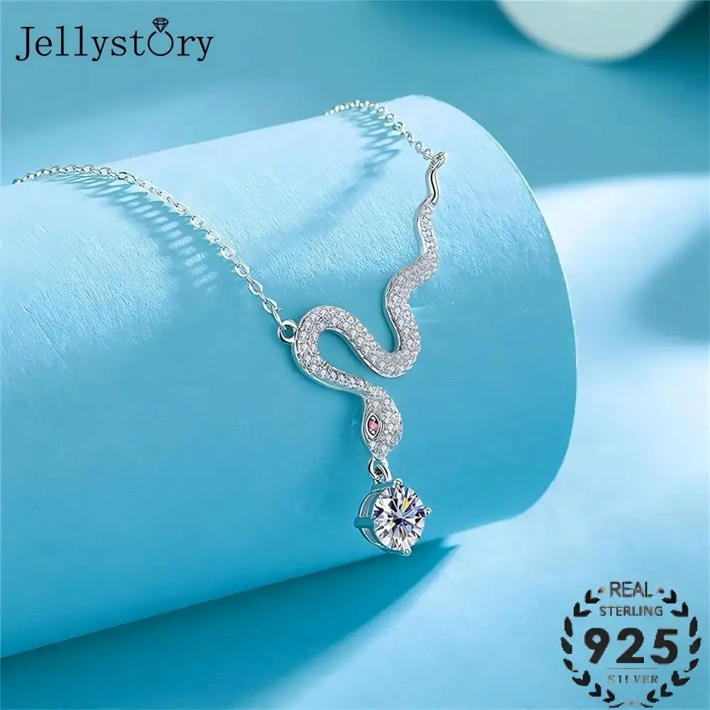 JellyStory Niche Design Snake Necklace Queen Statement Jewelry S925 Silver 1 Carat Moissanite Pendant Unique Gift for Women