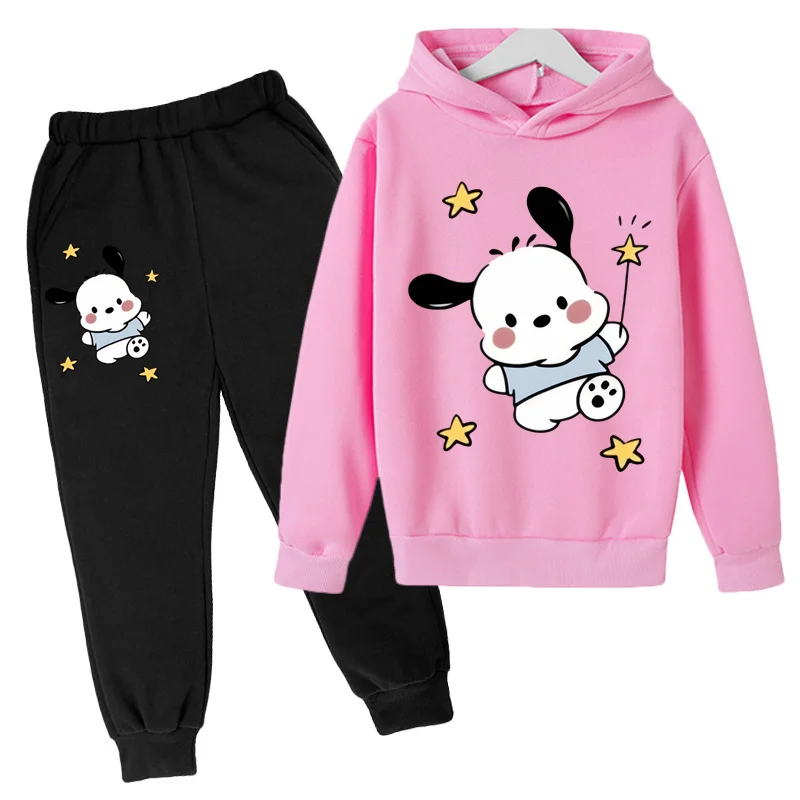 Pochacco Men's and Women's Hoodies Long Sleeve+Long Pants Kawaii Sports Set 2-12-year-old Kids Sanrio Cartoon  Two Piece Set