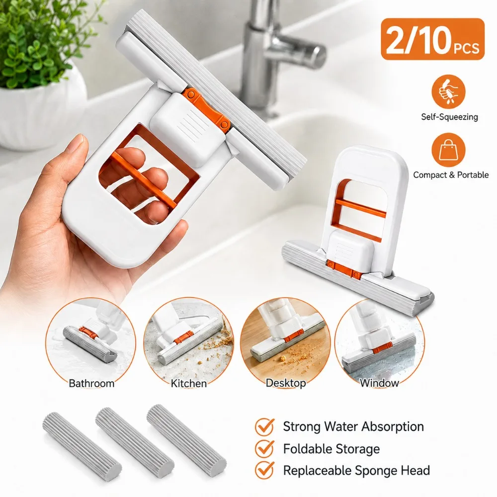 2/10 Stück Selbstausdrückender Desktop-Mopp, Handgehaltener Schwamm-Mopp für Zuhause, Badezimmer, Küche, Faltbarer Tisch-Scheuerschwamm, Mini-Reinigungswerkzeuge