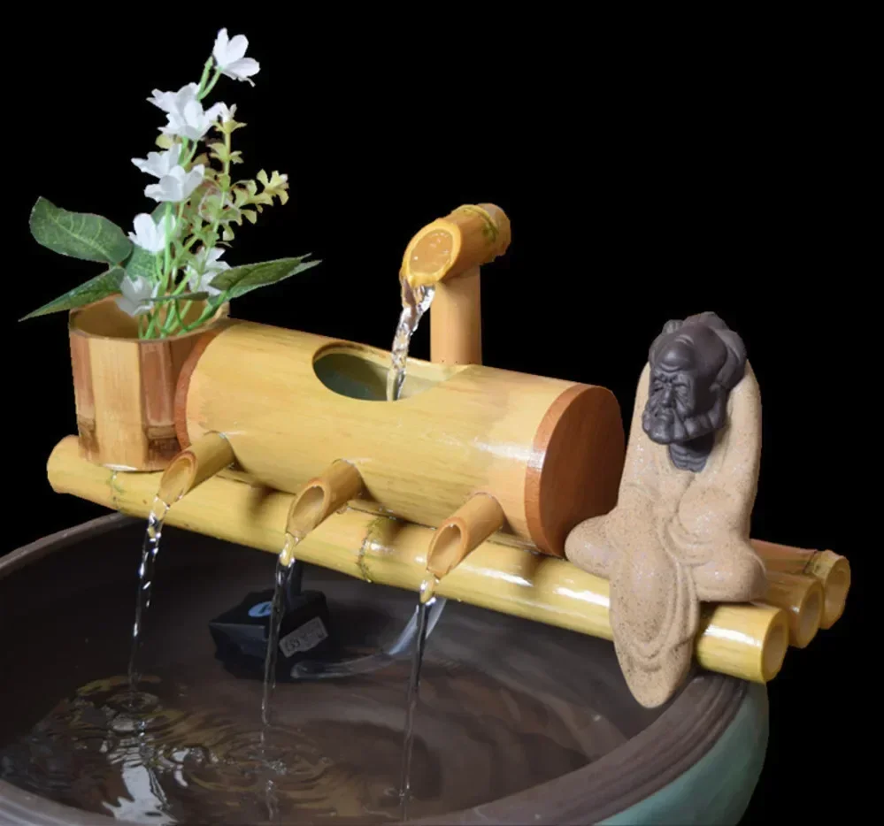 Bamboo Aquarium Water Recycling Filter Water Fountain Stone Trough Feng Shui Decoration Office Desktop Furnishings