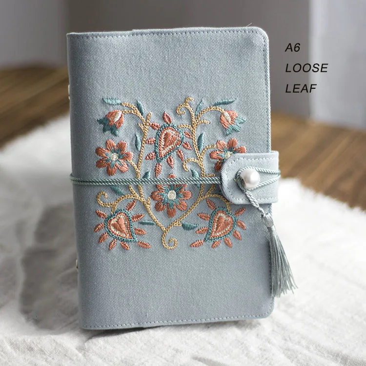 Cotton Blue Journal Notebook Embroidery Cover Loose Leaf A5 / A6 Binder Notepad Perusonal Diary Agenda Planner Cute Stationery