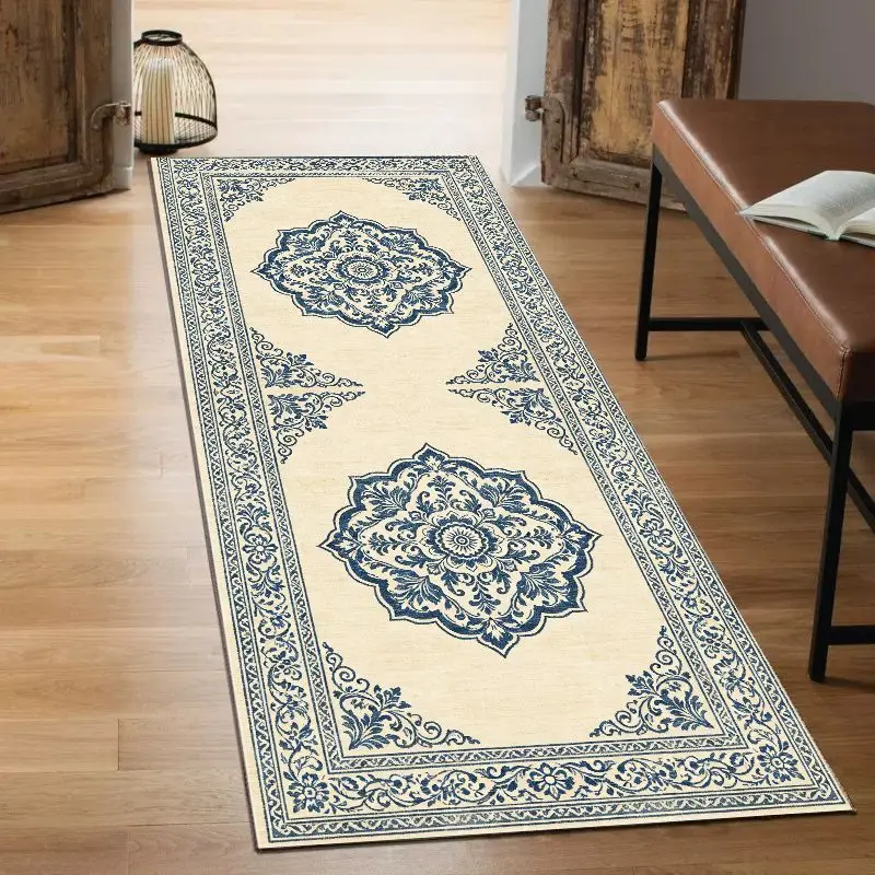 VIKAMA Blue Floral Vintage Runner Rug Mediterranean European Non Slip Washable Long Hallway Kitchen Floor Carpet