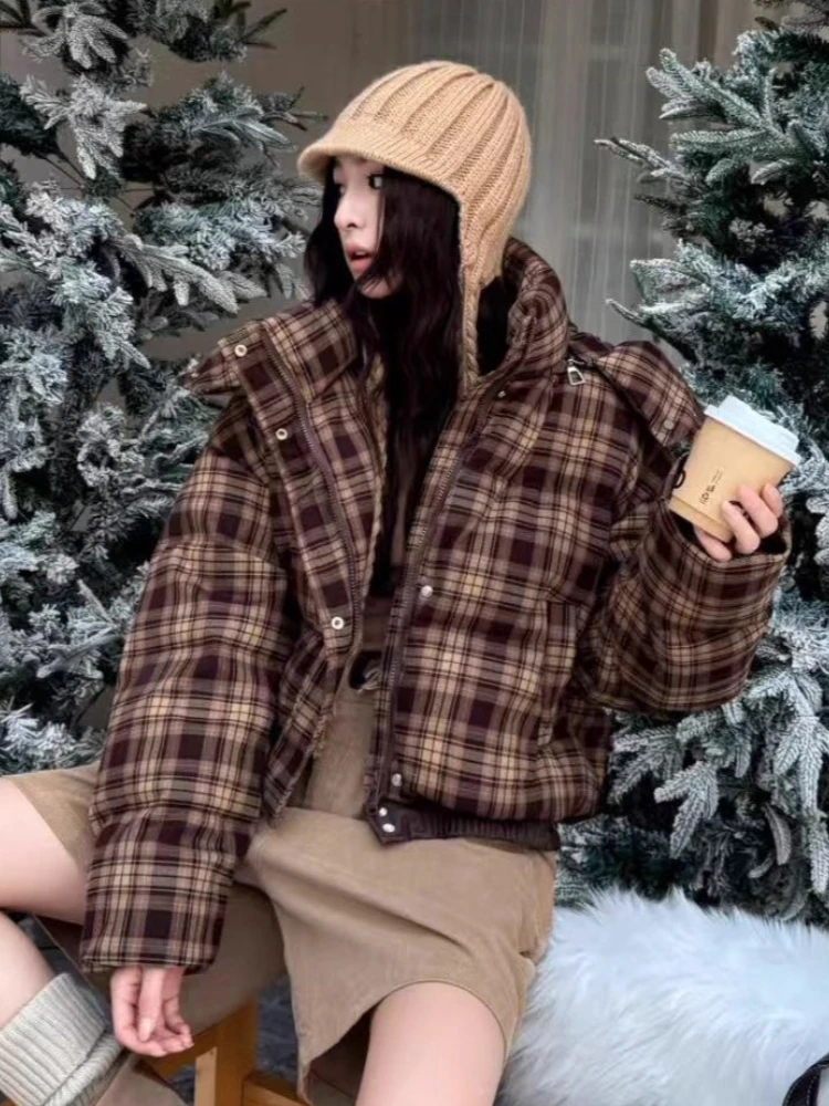 2025New Plaid Down Jacket Women Winter High Quality Hooded Short Duck Puffer Coat Fashion Casual Thicken Warm Bread Suit Outwear