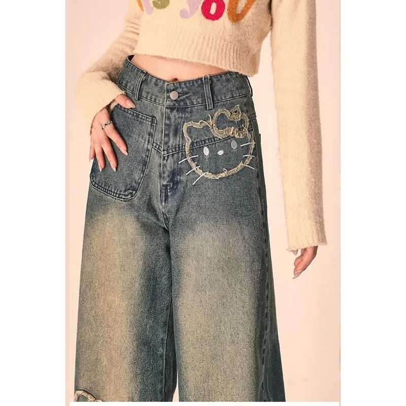 Sanrio Hellokitty Summer New 2025 Cartoon Printing Cute Student Jeans Cropped Pants Versatile Loose and Thin Holiday Gifts