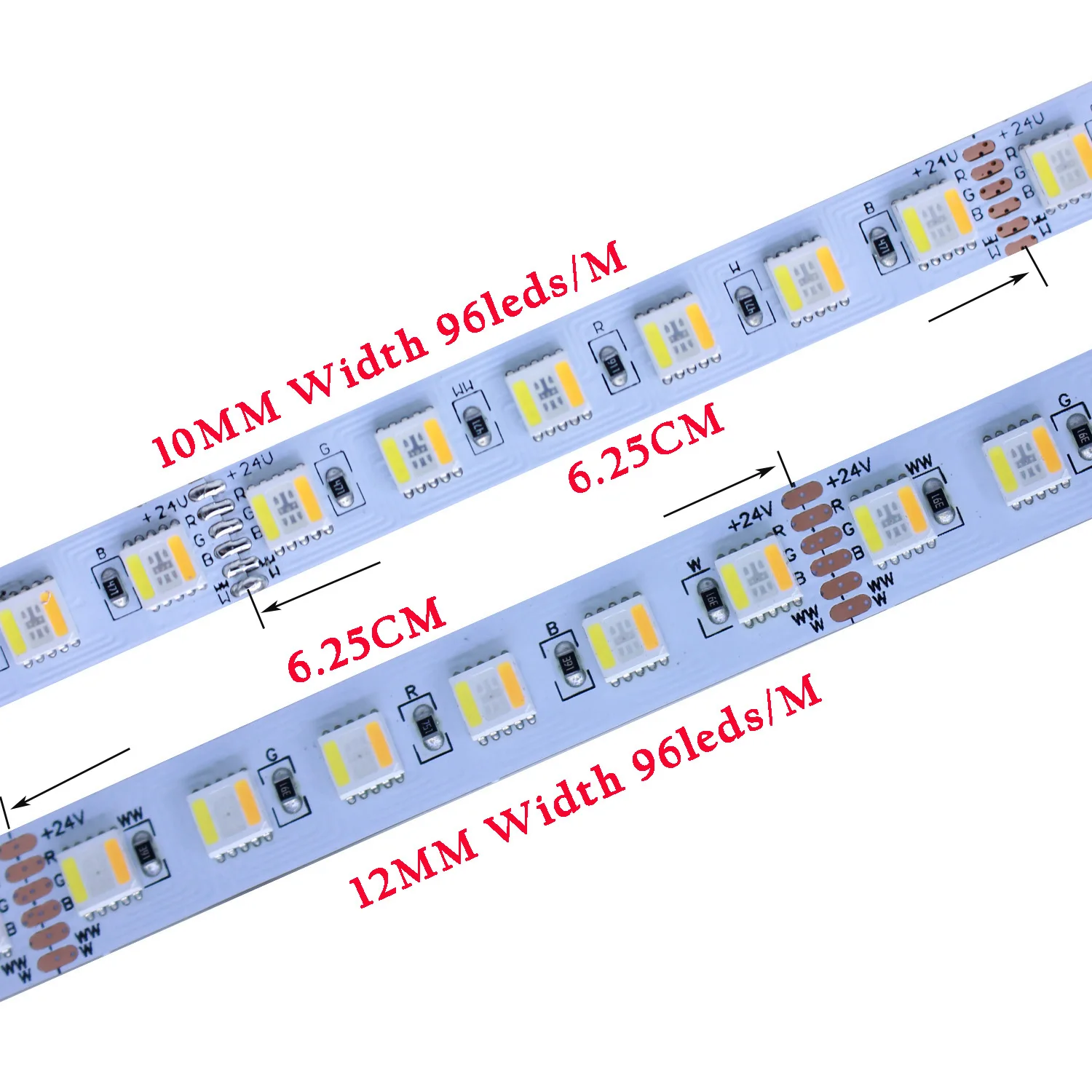 Tira de luces LED RGBCCT, 10mm, 12mm de ancho, PCB, 24V, 5 en 1, 5050, 96LED/M, IP20, no impermeable