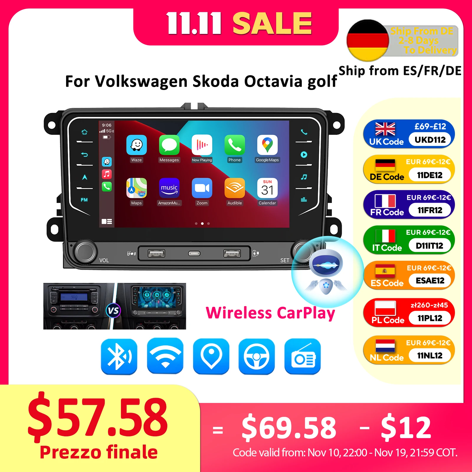 2 Din Car Radio Android 15 Car Multimedia Player GPS WiFi Carplay For Volkswagen Skoda Octavia golf 5 6 touran passat polo Jetta