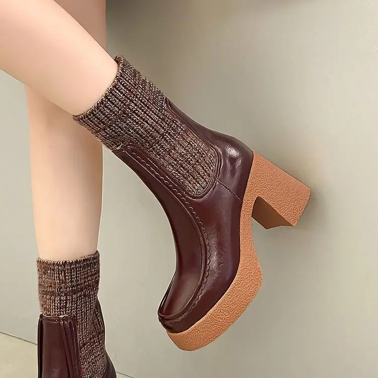 

Brown Real Leather Women Short Sock Boots Platform Autumn Riding Botas Elastic Fabric 9cm Square High Heels Botines Femmes Black