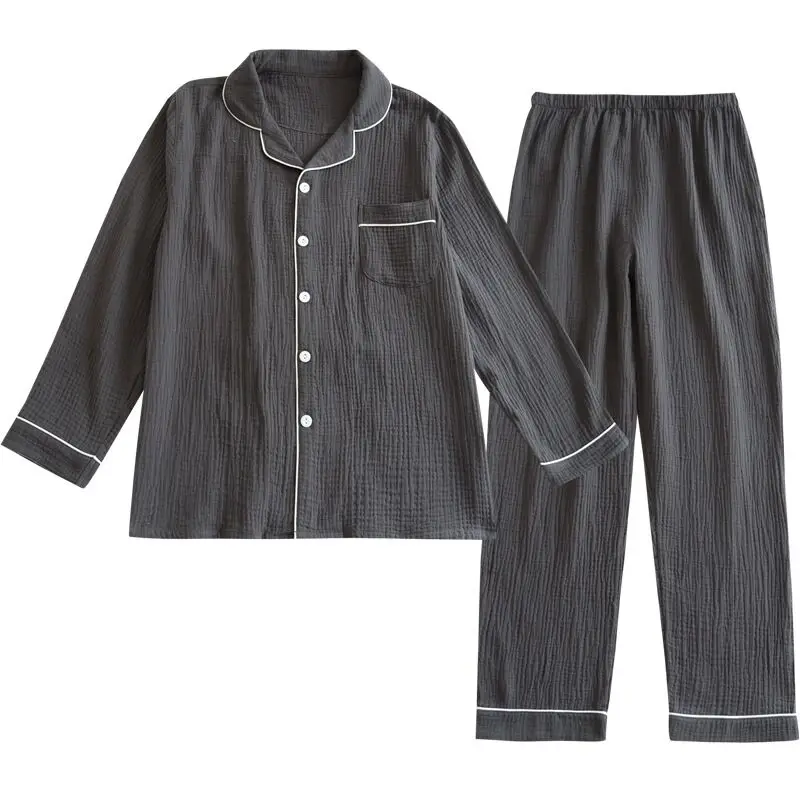 2024 new spring and autumn male pajamas 100%  crepe cotton long-sleeved home wear solid simple pajamas set men plus size