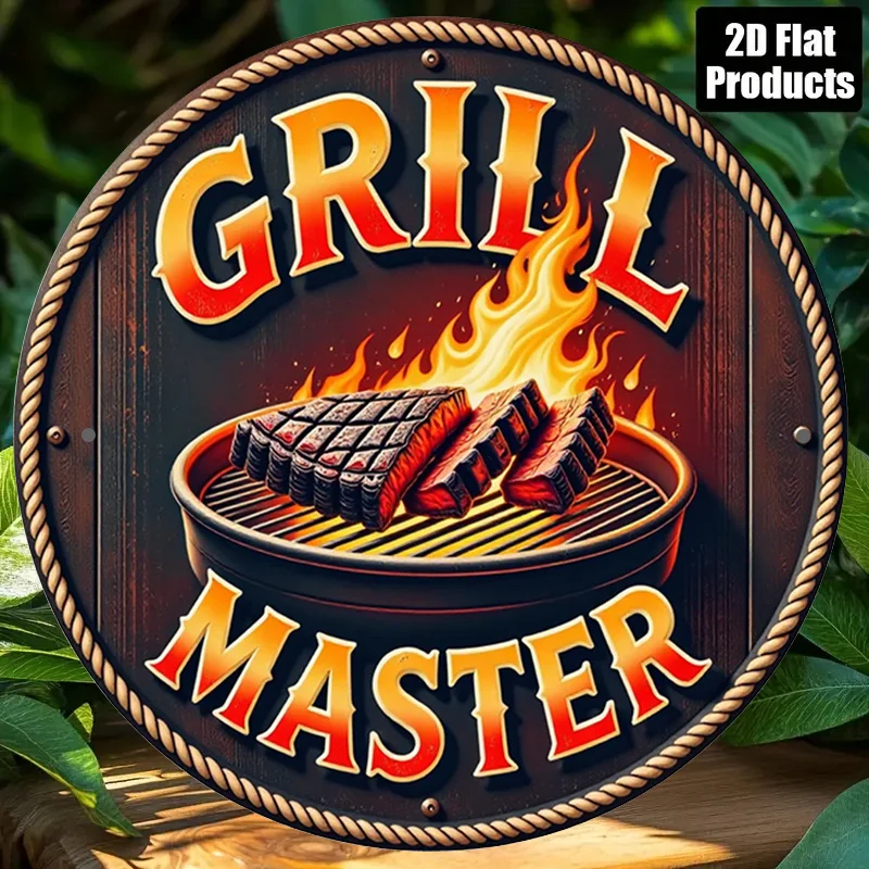 2D Flaches BBQ Master Metallschild, Runde Aluminium-Wandkunst 8x8 Zoll, Rostfreie Vintage-Dekoration für Zuhause, Bar, Café, Restaurant