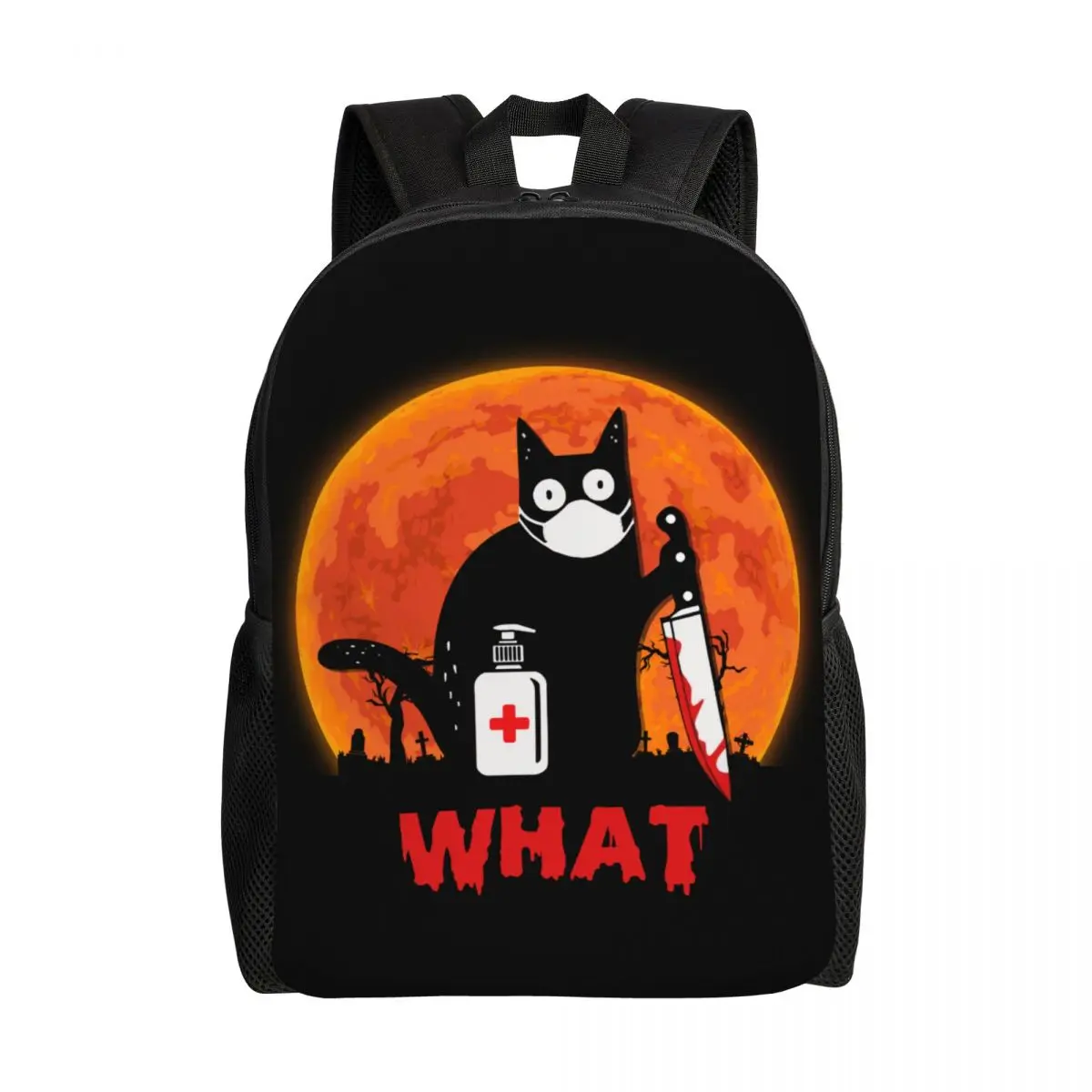 Custom Cat What Backpacks Women Men Fashion Bookbag for College School Funny Murderous Black Cat With Knife Halloween Bags