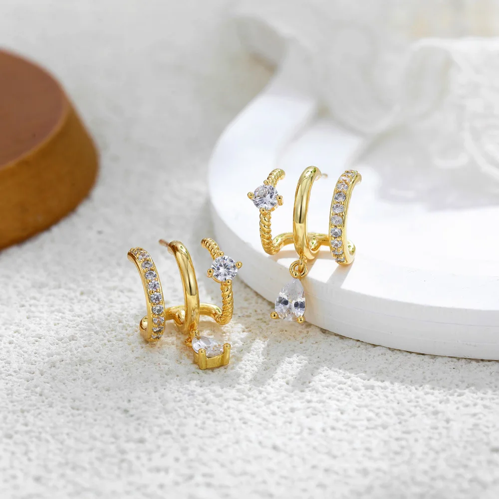 New Design Triple Illusion Water Drop Zircon Fashion Earrings Women's Stainless Steel Inlaid Minimalist Geometric Earrings Gift