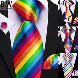 Barry.Wang Jacquard Colorful Silk Men Tie Handkerchief Cufflinks Set Multicolour Rainbow Necktie for Male Wedding Business Gift