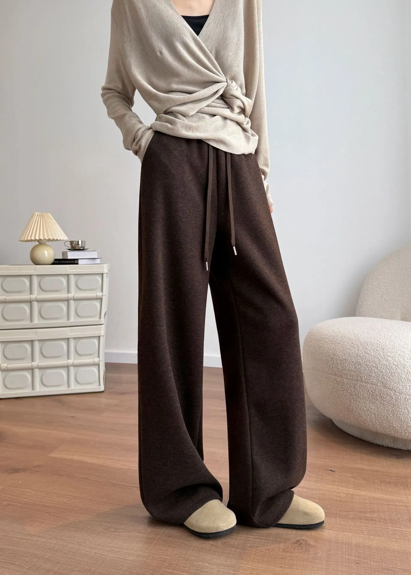 Black Gray Wool Pants 2025 Autumn and Winter Women's Wide-leg Pants Drape Glutinous Rice Straight Casual Pants