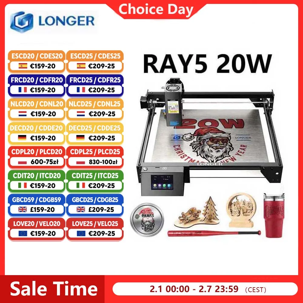 Longer ray5 20w gravador a laser tela sensível ao toque chipset de 32 bits wifi 0.08*0.1mm laser ponto gravura máquina de corte área 375*375mm